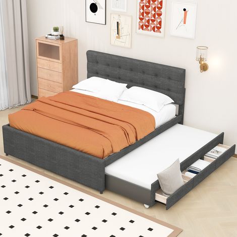 Cama para adulto 140x200 cm, cama nido doble tapizada, con 3 cajones, cabecero regulable en altura, Lino, sin colchón, gris