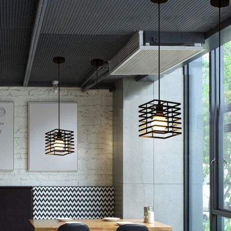 2 Pack Lustre Suspension Vintage Rétro E27 22cm Luminaire Cage Métal Noir (1/5)