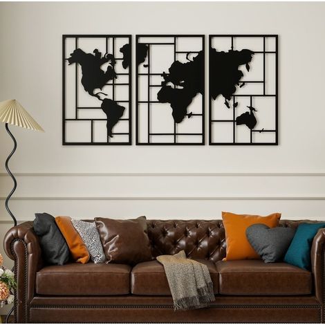 Decorazione murale in metallo 3 pezzi mappa del mondo, 150 x 80 cm, nero DESVIAE (1/5)