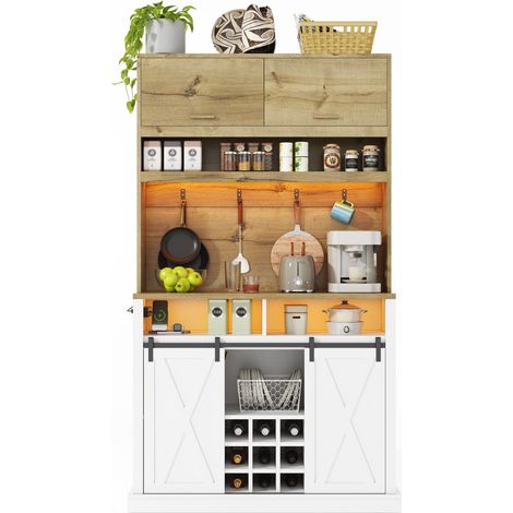 Buffet haut de cuisine Marron,meuble moderne avec LED,plan de travail,prise électrique,110x40x191cm (1/5)