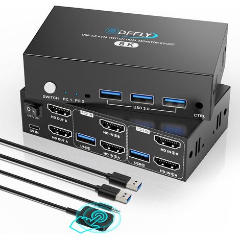 HDMI KVM Switch 2 PC 2 Monitor 8K@60Hz 4K@144Hz, USB 3.0 Switch KVM HDMI pour 2 Ordinateur Partager 2 Moniteur et 4 Port USB 3.0, Télécommande Filaire, Adaptateur Secteur 12V et Câble USB Inclus (1/5)