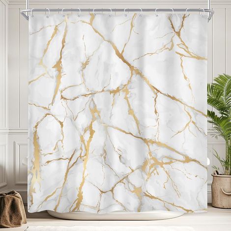 Cortina de ducha de mármol craquelado blanco/dorado, 152,4 x 183 cm, textura de lujo líquida, impermeable. (1/5)
