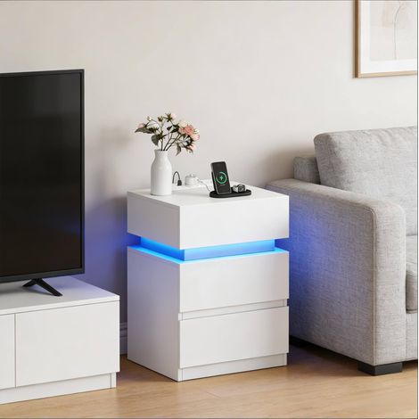 Mesita de noche LED con estación de carga, 2 cajones, 35 x 40 x 55 cm, blanco OKMYHOME (1/5)