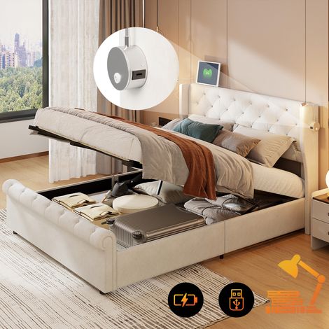 Bett mit Stauraum 140x190 cm, mit 2 Leselampen, Stauraum, USB-Ladeanschluss, klassisch, Lattenrost aus Holz, Metallrahmen, Polsterbett Erwachsenenbett aus Samt - Beige