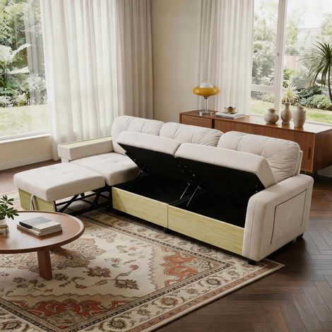 Canapé d'angle Convertible en L,canapé 3 Places modulable,canapé Convertible avec Rangement et Recharge USB,Chaise Longue coulissante,Tissu Lin Doux,pour Salon et Petit Espace,Beige Clair (1/5)
