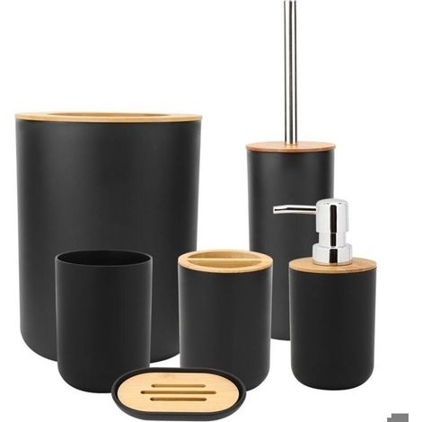 Lot de 6 accessoires de salle de bain noirs : boîtes à savon, porte-brosse à dents, gobelet et bouteille de lotion. (1/5)