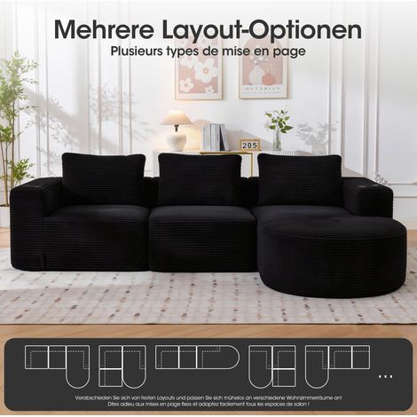 Canapé convertible rembourré 265 cm, 3 coussins plume + 2 porte-verres plastique - sofa douillet pour petit séjour, appartement et bureau