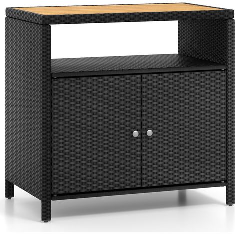 Credenza Armadietto portaoggetti rattan piano legno acacia mobile buffet esterni 2 ante Nero (1/4)