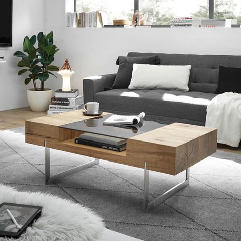 Table basse 110x60x40 cm décor chêne et tablette en verre