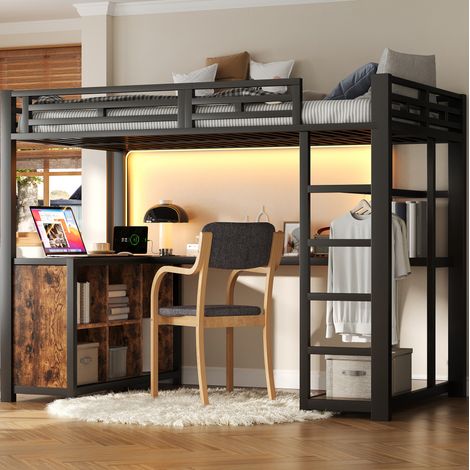 lit adulte couchage rangement bureau 140x200 noir OKMYHOME (1/5)