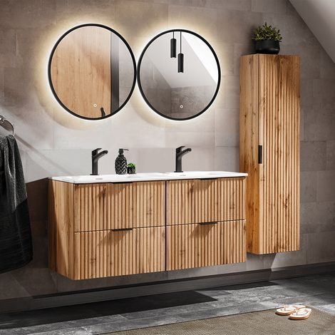 Ensemble meuble double vasque encastrée 120cm miroirs LED et colonne Adriel Bois (1/5)