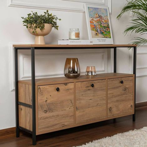 Dmora - Consola Nesta, Mesa multiusos, Gabinete de soporte, Escritorio de pasillo, 120x30 h75 cm, Pino y Negro (1/5)