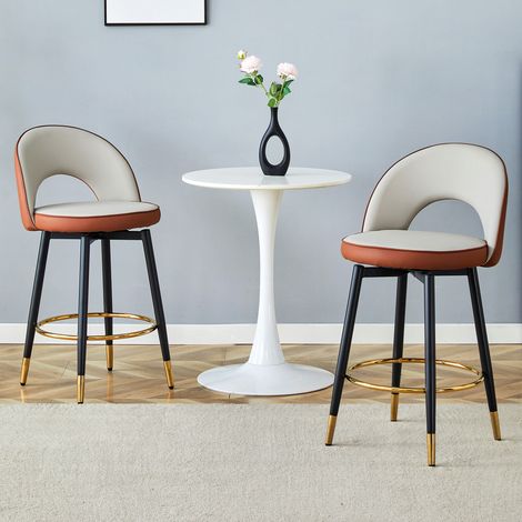 Lot de 2 Tabouret de bar, en simili cuir, rotatif à 360°, Style industriel avec dossier ajouré, idéal pour bar, cuisine, salle à manger, terrasse - Marron et beige
