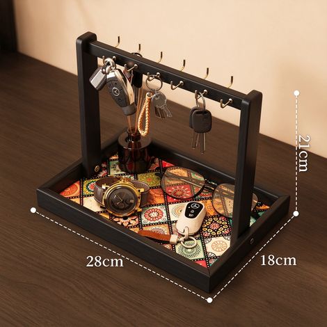Porte‑clés support en bois massif noir, plateau simili‑cuir motif bohème, rangement clés montres lunettes petits objets 28×18×21cm (1/4)