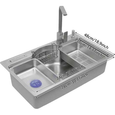 Évier de cuisine, multi-fonctionnel, distributeur de savon intégré, Argent (1/2)