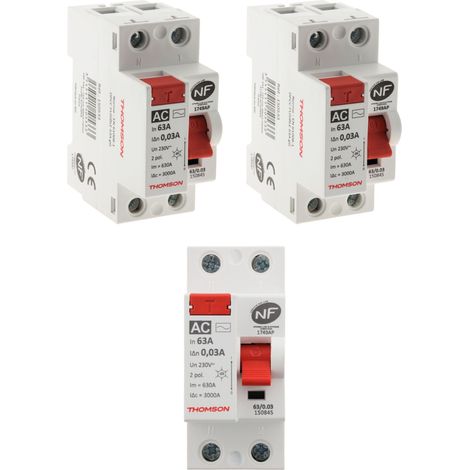 Thomson – Lot de 3 interrupteurs différentiels type AC 30mA – Intensité 2x63A – Serrage à vis – Normes CE NF EN 61008-1 et 61008-2-1 - AC 63 A NF
