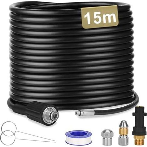15 m langer Abflussreinigungsschlauch für Kärcher Hochdruckreiniger K1, K2, K3, K4, K5, K6 und K7, mit Düsen und rotierenden Aufsätzen sowie Adaptern für eine effektive Abflussreinigung bei 180 bar. (1/5)