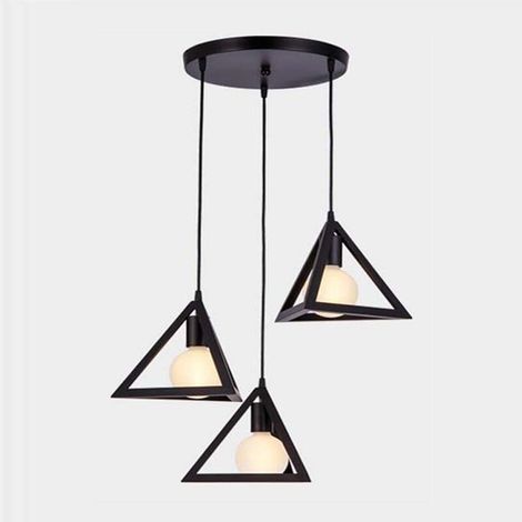 Suspension Industrial Cage Triangle 3 Lampes E27, Lustre Abat Jour Art Géométrique Plafonnier Vingate en Métal Chambre Cuisine Noir BLOW (1/4)