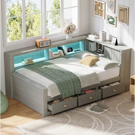 Lit banquette en bois 90x200 cm gris avec tête de lit LED, étagères et 3 tiroirs (1/5)