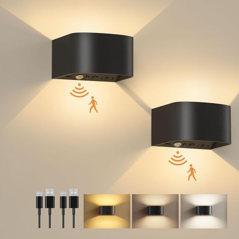 Applique Murale à Détecteur de Mouvement avec Télécommande, 3 Couleurs,Lumière Murale sans fil LED, Applique Murale Haut et bas, Batterie Rechargeable 5000mAh, Alimentation par Batterie,2 Pièces (1/5)