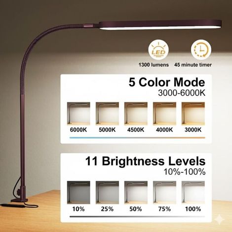 SKYLEO Lampe de Bureau - LED Desk Lamp - Col de Cygne Flexible - 5 Modes de Couleur X 11 Niveaux de Luminosité - 1300LM - Fonction Minuterie et Mémoire - Lampe Bureau 12W - Rouge