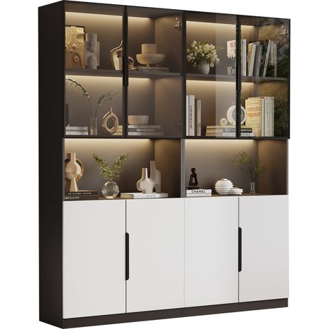 Vetrina libreria con ante in vetro e LED regolabili 160x30x200 cm bianco e nero HOMVRA (1/5)