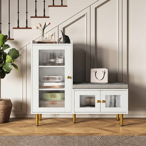 Banc à Chaussures avec Rangement,Meuble à Chaussures avec porte vitrée,Meuble d'Entrée,100x40x82.5 cm,Blanc (1/5)