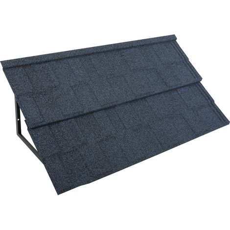 Lot de 2 stores métalliques bleu - 134x42 cm - Protection soleil et pluie - Acier alu-zinc - Pour fenêtre, porte - Incliné (1/5)