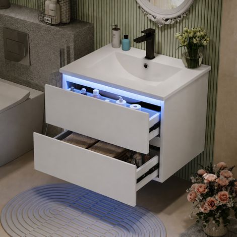 Meuble de salle de bain mural 61×46×45cm, finition laquée premium, éclairage LED radar, 2 tiroirs silencieux, lavabo intégré, design minimaliste, blanc (1/5)