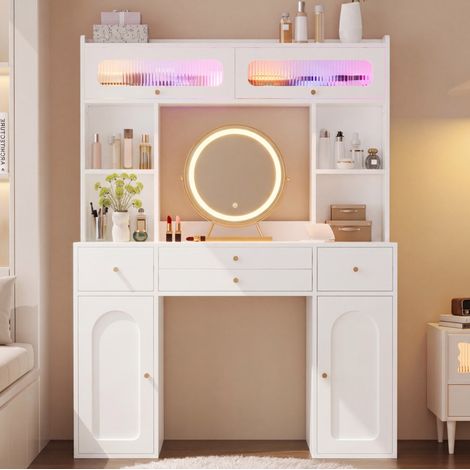 Coiffeuse avec miroir LED, 120x40x160 cm, 4 tiroirs, rangements intégrés, en MDF, bambou et verre, blanc (1/5)