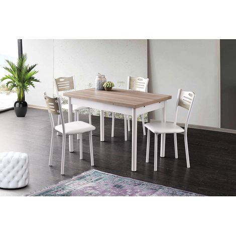 Table à manger extensible Spica Métal Blanc et Bois Chêne clair
