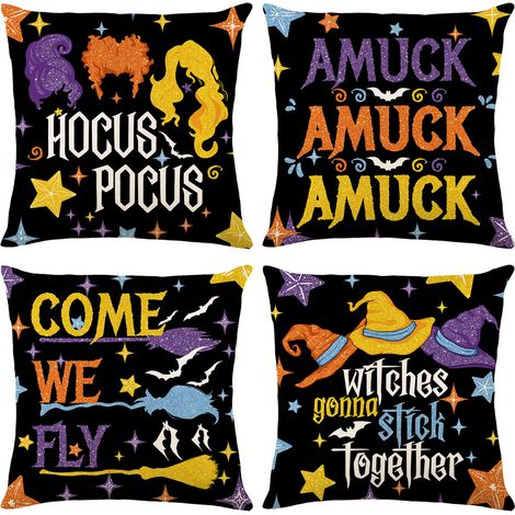Set mit 4 Halloween-Kissenbezügen, lustige Halloween-Buchstaben-Kürbis-Kissenbezüge, Sofakissenbezüge (45 x 45 cm) (1/3)
