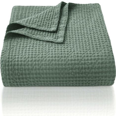 100% Cotton Throw Blanket 150 x 200 cm Soft Breathable Waffle Pattern Blanket Lightweight Blanket Soft Cozy Blanket for Couch Sofa Green (1/5)