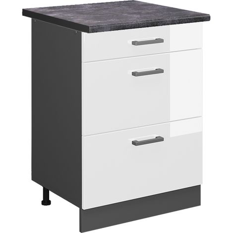 Mueble bajo de cocina R-Line, Blanco alto brillo, 60 cm con cajones, ET Antracita, Vicco