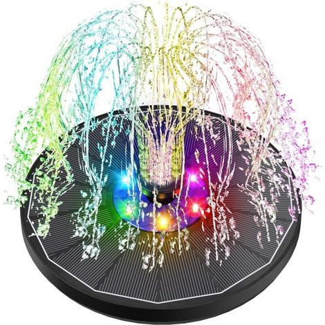 Fontaine solaire LED colorée, pompe solaire flottante 3,5 W pour bassin extérieur, fontaine solaire en verre 2025 avec 7 buses et 4 tiges fixes pour bain d'oiseaux, aquarium et jardin. (1/4)