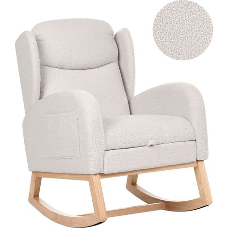 Moderna poltrona a dondolo con poggiapiedi rivestimento in bouclé gambe in legno braccioli per soggiorno bianco sporco Haslev
