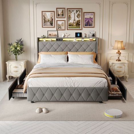 Cama 160x200 cm 4 cajones terciopelo gris - Cabecero con puertos USB-A, USB-C y iluminación LED - Cama para 2 personas (1/5)