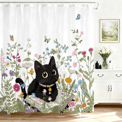 Rideau de douche bohème fleuri avec chatons, rideau de salle de bain à motif mignon de fleurs sauvages et de chatons, avec 12 crochets, 183 x 183 cm, tissu imperméable, B (1/5)