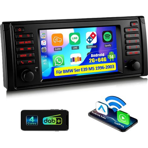 Autoradio 7" Android 14 avec Apple CarPlay, 4+64 Go de RAM, navigation GPS RDS, Wi-Fi et Bluetooth pour BMW Série 5 E39 M5 - 2+64G (1/5)