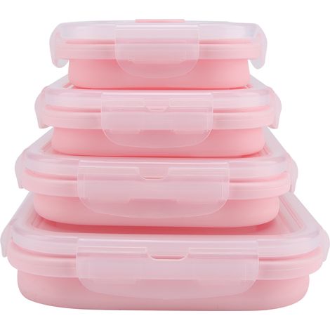 Faltbare, tragbare Silikon-Lunchbox, Set aus pinkfarbenen, mikrowellengeeigneten Lebensmittelbehältern, Lunchbox für Mahlzeiten unterwegs (1/5)