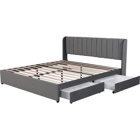Cama tapizada 180 x 200 cm de terciopelo gris con somier de láminas y 2 cajones (1/5)