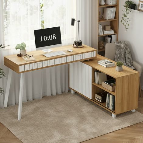 Bureau d'angle L 140 x 120 x 76,5 cm, bureau d'ordinateur design moderne minimaliste avec motif rayures verticales, pieds en acier, 2 tiroirs et grand placard de rangement (1/5)