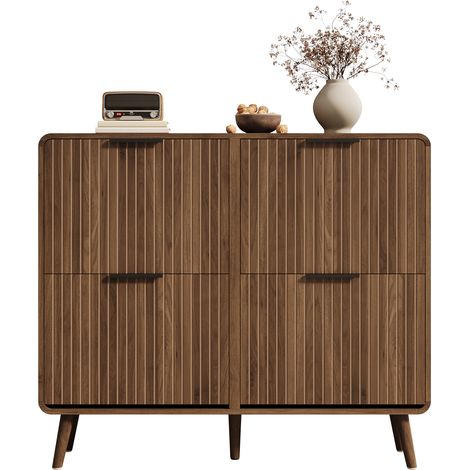 Mobile Scarpiera con 4 Ante a Ribalta, Contenitore a Doppio Livello, Stile Scandinavo, in MDF, 105×24×90 cm, Noce (1/5)