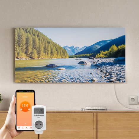 EMKE Radiateur Infrarouge 1200W, Panneau Chauffant Décoratif Mural 119,5x59,5cm, Thermostat WiFi Connecté, Sans Cadre