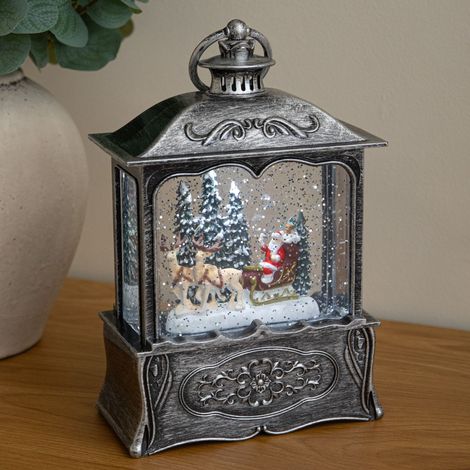 22cm Dual Powered Silver Santa Sleigh Christmas Water Spinner Lantern (1/5)