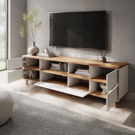 Mobile TV 175 x 37 x 51 cm in MDF bianco e legno, con spazio contenitore per soggiorno FloraGrace (1/5)