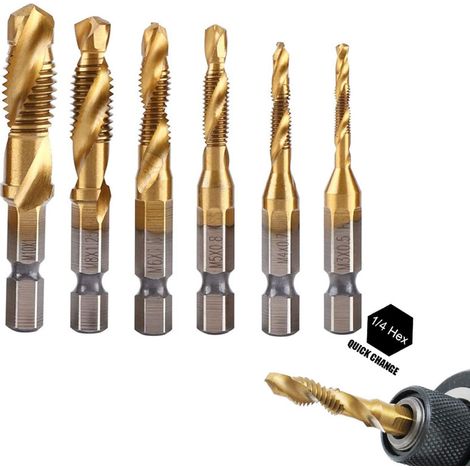 6 Pcs 1/4" Forets Métriques à Filetage Et Tarauds Hss (M3-M10)En Acier Rapide (Revêtu De Titane) - Pour Une Dureté Et Une Résistance à La Rouille Élevées (1/5)