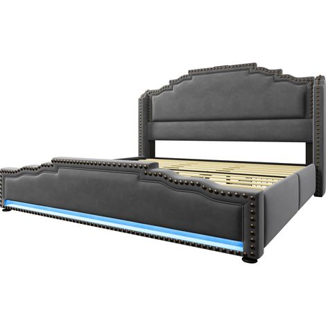 Cama doble tapizada 180x200 cm gris con 4 cajones, LED y puertos USB-C, con somier de lamas (1/5)