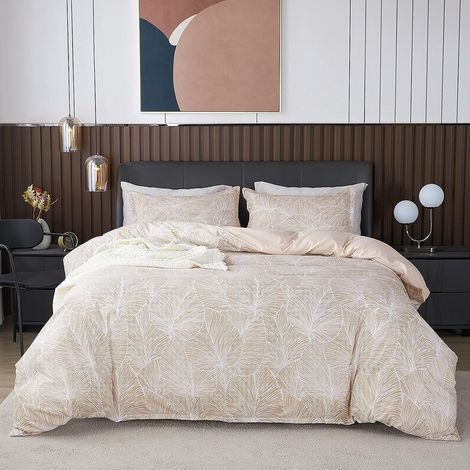 Parure Housse de Couette Feuilles Tropicales, 1 x Housse de Couette 220x240 cm 2 Personnes et 2 x Taies d'oreiller 50x70 cm, Linge de Lit avec Fermeture Eclair Beige (1/5)