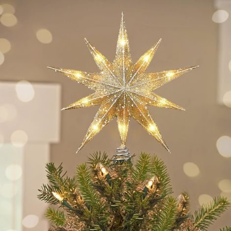 Étoile de Sapin de Noël Lumineuse, Topper Étoile avec Branchement USB et Télécommande, Décoration en Métal LED de 9,8", Ornement Vintage Moderne pour Sapin de Noël, Champagne Gold (1/5)
